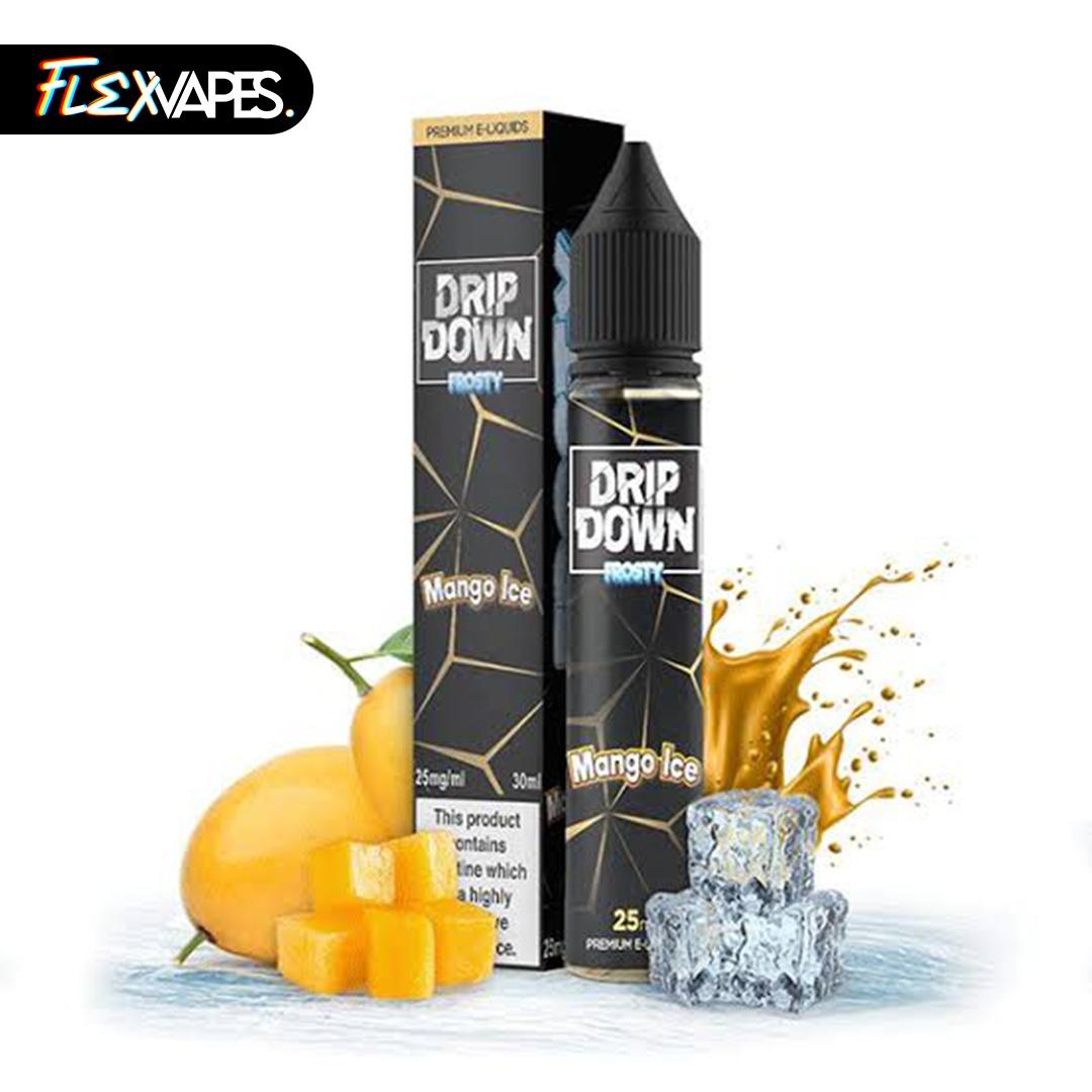 FlexVapes Drip Down Mango Ice e-liquid product ad with mangoes and ice cubes